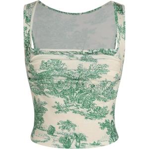 CIDER Women Square Neck Tank Tops Sleeveless Ruched Floral Cute Going Out Summer Trendy Crop Top(Green)