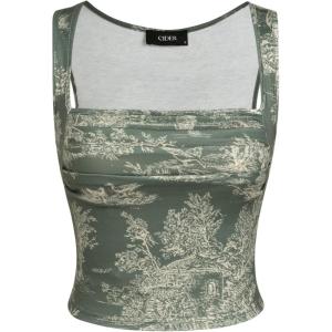 CIDER Women Square Neck Tank Tops Sleeveless Ruched Floral Cute Going Out Summer Trendy Crop Top(Olive Green)