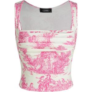CIDER Women Square Neck Tank Tops Sleeveless Ruched Floral Cute Going Out Summer Trendy Crop Top(Pink)