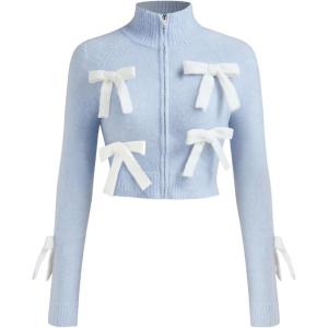 CIDER Women’s Bow Knot Cardigan Knit Zip Up Jackets Color Block Mock Turtleneck Long Sleeve Crop Tops Winter Outfit(Baby Blue)