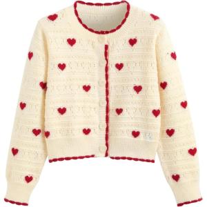 CIDER Women’s Cardigan Crew Neck Heart Print Color Block Button Down Crop Top Long Sleeve Cute Cardigan: Ivory, M