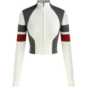 CIDER Women’s Cardigan Knit Zip Up Jackets Color Block Mock Turtleneck Long Sleeve Crop Tops Winter Outfit(White)
