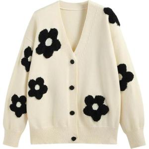 CIDER Womens Cardigan V Neck Floral Cardigan for Women Knit Button Down 2024 Fall(Beige)