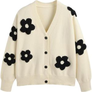 CIDER Womens Cardigan V Neck Floral Cardigan for Women Knit Button Down 2024 Fall(Beige Plus Size)