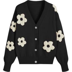 CIDER Womens Cardigan V Neck Floral Cardigan for Women Knit Button Down 2024 Fall(Black Plus Size)