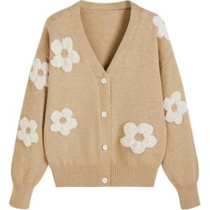 CIDER Womens Cardigan V Neck Floral Cardigan for Women Knit Button Down 2024 Fall(Khaki Plus Size)
