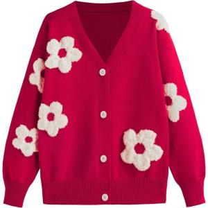 CIDER Womens Cardigan V Neck Floral Cardigan for Women Knit Button Down 2024 Fall(Red)