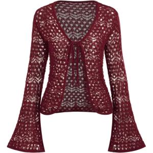 CIDER Womens Cardigans Hollow Out Crochet Bell Long Sleeve Tie Front Cover Ups Vacation Outfits(Wine)