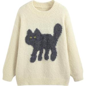 CIDER Women’s Cat Sweater Long Sleeve Crew Neck Fun Graphic Cute Patterned Pullover Sweater Tops(Beige)