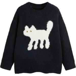 CIDER Women’s Cat Sweater Long Sleeve Crew Neck Fun Graphic Cute Patterned Pullover Sweater Tops(Black)