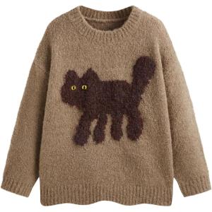 CIDER Women’s Cat Sweater Long Sleeve Crew Neck Fun Graphic Cute Patterned Pullover Sweater Tops(Brown)