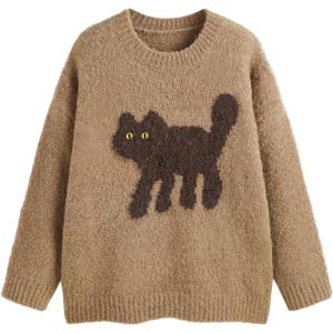 CIDER Women’s Cat Sweater Long Sleeve Crew Neck Fun Graphic Cute Patterned Pullover Sweater Tops(Brown Plus Size)