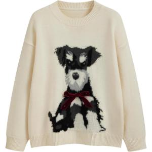 CIDER Women’s Cat Sweater Long Sleeve Crew Neck Fun Graphic Cute Patterned Pullover Sweater Tops(Cream)
