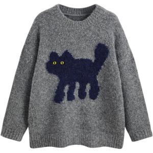 CIDER Women’s Cat Sweater Long Sleeve Crew Neck Fun Graphic Cute Patterned Pullover Sweater Tops(Grey)