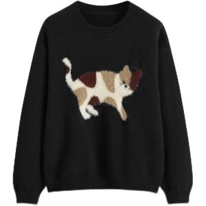 CIDER Women’s Cat Sweater Long Sleeve Crew Neck Fun Graphic Cute Patterned Pullover Sweater Tops(Inky)