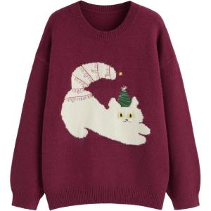 CIDER Women’s Cat Sweater Long Sleeve Crew Neck Fun Graphic Cute Patterned Pullover Sweater Tops(Wine)