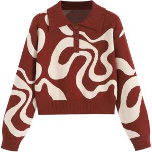 CIDER Women’s Color Block Cropped Collared Shirts Long Sleeve Sweater Pullover Tops(Brown)