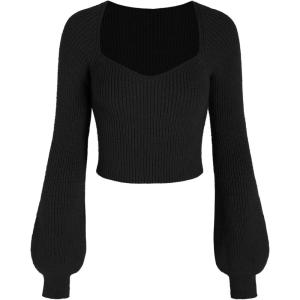 CIDER Women’s Crop Top Sweater Square V Neck Lantern Sleeve Cute Rib Knit Pullover(Black)