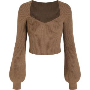 CIDER Women’s Crop Top Sweater Square V Neck Lantern Sleeve Cute Rib Knit Pullover(Coffee)