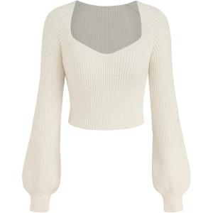 CIDER Women’s Crop Top Sweater Square V Neck Lantern Sleeve Cute Rib Knit Pullover(Cream Off-white)