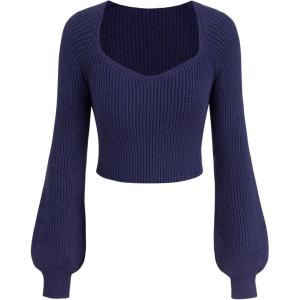 CIDER Women’s Crop Top Sweater Square V Neck Lantern Sleeve Cute Rib Knit Pullover(Dark Navy)