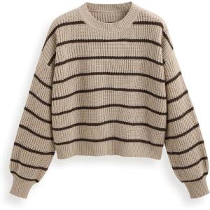 CIDER Women’s Cropped Striped Sweater Long Sleeve Crew Neck Trendy Pullover Tops(Camel)