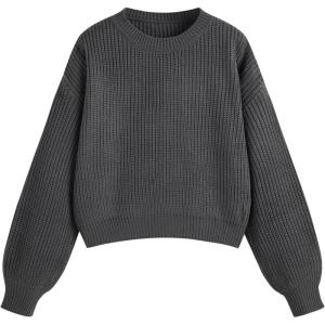 CIDER Women’s Cropped Striped Sweater Long Sleeve Crew Neck Trendy Pullover Tops(Grey)