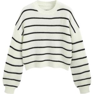 CIDER Women’s Cropped Striped Sweater Long Sleeve Crew Neck Trendy Pullover Tops(White)