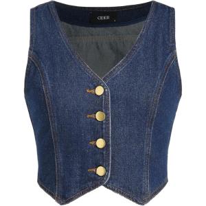 CIDER Women’s Denim Vest V Neck Sleeveless Crop Vest Button Down Casual Tops Trendy(Denim)