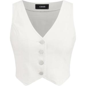 CIDER Women’s Denim Vest V Neck Sleeveless Crop Vest Button Down Casual Tops Trendy(White)