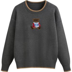 CIDER Women’s Fall Sweaters Long Sleeve Cute Sweaters Bear Graphic Crewneck Soft Knit Casual Cropped Pullover(0-grey)