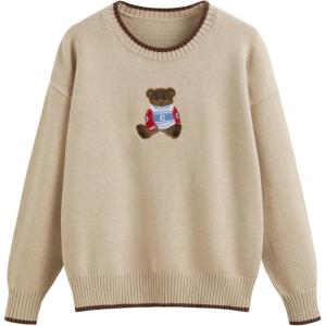 CIDER Women’s Fall Sweaters Long Sleeve Cute Sweaters Bear Graphic Crewneck Soft Knit Casual Cropped Pullover(0-khaki)