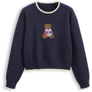 CIDER Women’s Fall Sweaters Long Sleeve Cute Sweaters Bear Graphic Crewneck Soft Knit Casual Cropped Pullover(0-navy Blue)