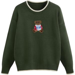 CIDER Women’s Fall Sweaters Long Sleeve Cute Sweaters Bear Graphic Crewneck Soft Knit Casual Cropped Pullover(0-olive Green)