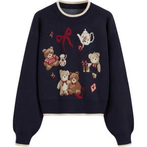CIDER Women’s Fall Sweaters Long Sleeve Cute Sweaters Bear Graphic Crewneck Soft Knit Casual Cropped Pullover(1-dark Navy)