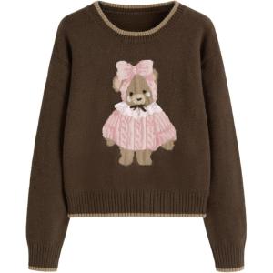 CIDER Women’s Fall Sweaters Long Sleeve Cute Sweaters Bear Graphic Crewneck Soft Knit Casual Cropped Pullover(2-coffee)