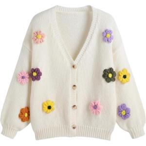 CIDER Women’s Floral Cropped Cardigan Cute Flower V Neck Button Down Trendy Sweater(Beige Plus Size)
