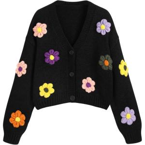CIDER Women’s Floral Cropped Cardigan Cute Flower V Neck Button Down Trendy Sweater(Black)
