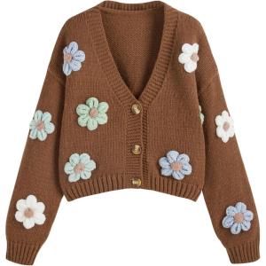 CIDER Women’s Floral Cropped Cardigan Cute Flower V Neck Button Down Trendy Sweater(Coffee)