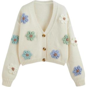 CIDER Women’s Floral Cropped Cardigan Cute Flower V Neck Button Down Trendy Sweater(White)