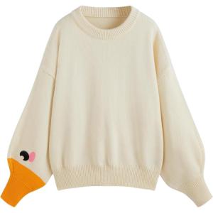 CIDER Women’s Goose Graphic Sweater Cute Knit Chunky Cropped Sweater Pullover Tops(Ivory Plus Size)