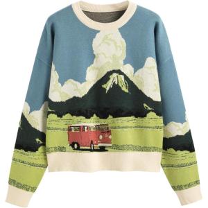 CIDER Women’s Graphic Sweaters Crew Neck Long Sleeve Cute Patterned Pullover Preppy Sweater Tops(Denim)