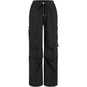 CIDER Women’s High Waisted Cargo Pants with Drawstring and Cargo Pockets Trendy Daily Casual(Black)
