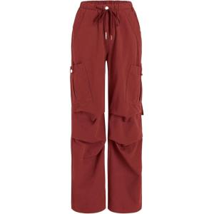 CIDER Women’s High Waisted Cargo Pants with Drawstring and Cargo Pockets Trendy Daily Casual(Carmine)