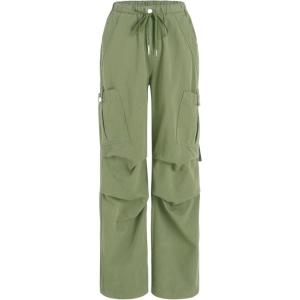 CIDER Women’s High Waisted Cargo Pants with Drawstring and Cargo Pockets Trendy Daily Casual(Green)