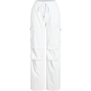 CIDER Women’s High Waisted Cargo Pants with Drawstring and Cargo Pockets Trendy Daily Casual(White)