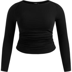 CIDER Women’s Plus Size Cotton-Blend Long Sleeve Shirts Boat Neck Ruched Casual Crop Top Slim Fit Basic Tee(Black)
