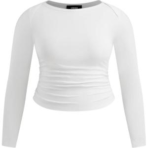 CIDER Women’s Plus Size Cotton-Blend Long Sleeve Shirts Boat Neck Ruched Casual Crop Top Slim Fit Basic Tee(White)
