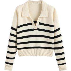 CIDER Women’s Polo Sweater Striped Collared Lightweight Long Sleeve V Neck Pullover Fall Sweater Tops 2024(Black & White)