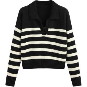 CIDER Women’s Polo Sweater Striped Collared Lightweight Long Sleeve V Neck Pullover Fall Sweater Tops 2024(Black)